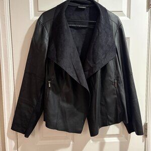 Roz & Ali Black Faux Leather Jacket with Waterfall-Drape Lapel womens 2xl